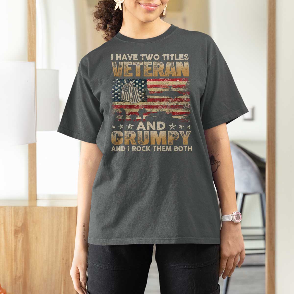 Grumpy Old Veteran T Shirt For Women Funny Military Veteran USA Flag - Wonder Print Shop