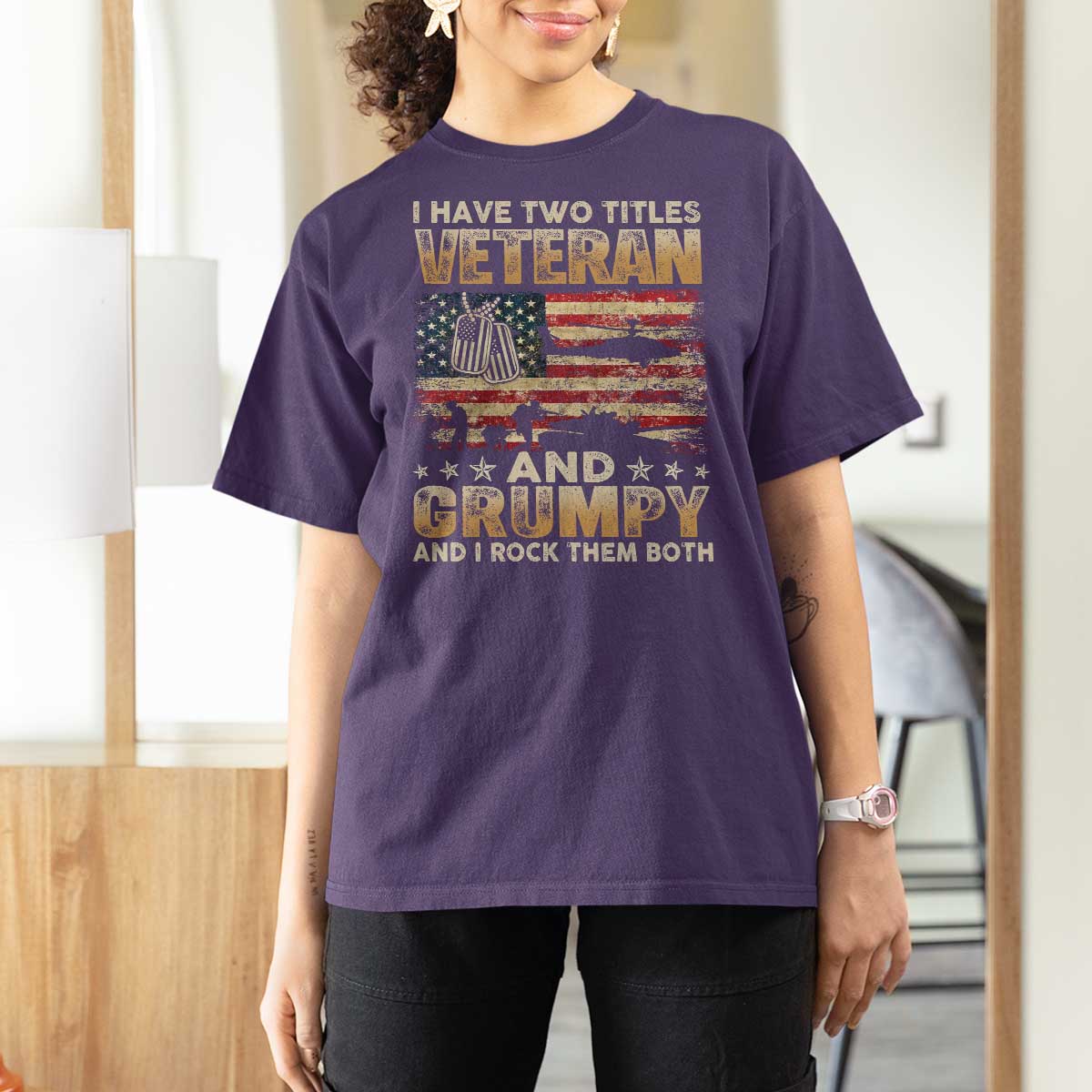 Grumpy Old Veteran T Shirt For Women Funny Military Veteran USA Flag - Wonder Print Shop