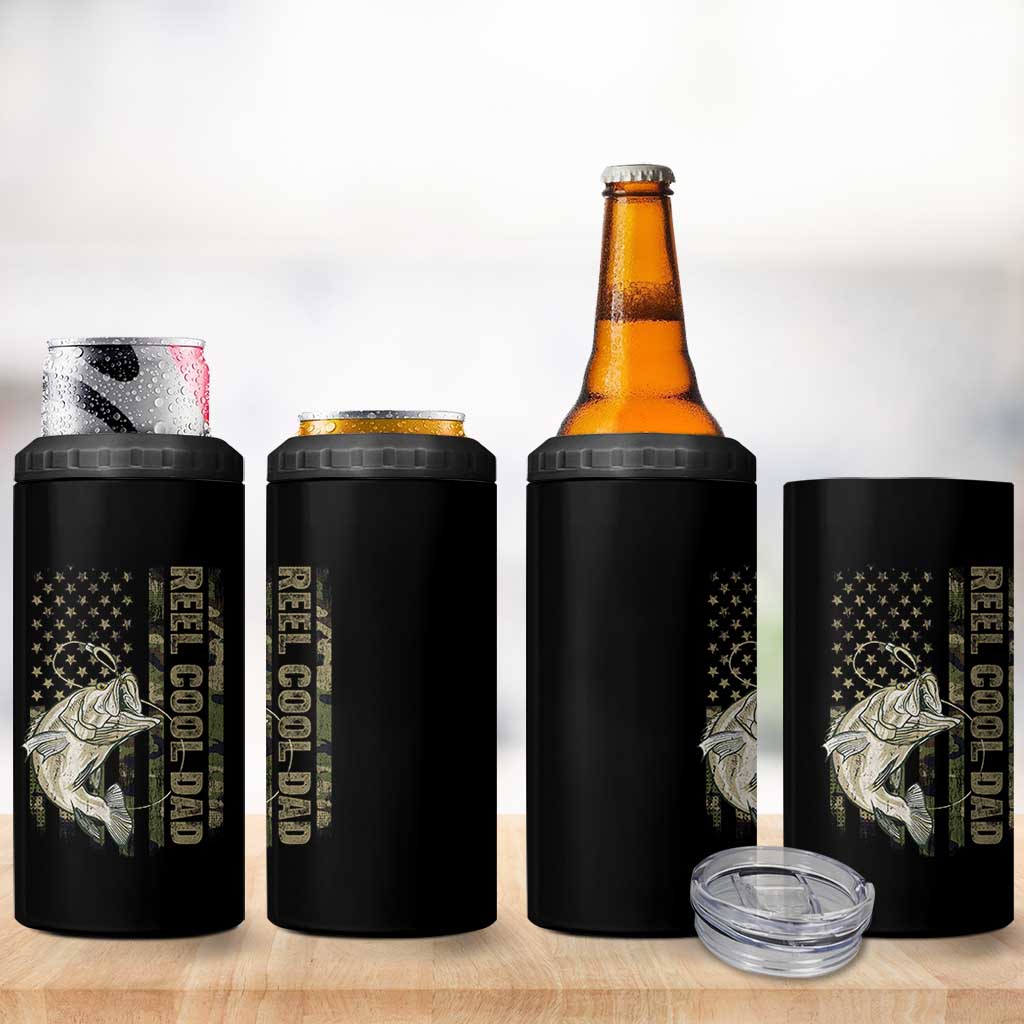 Funny Fishing Vintage Reel Cool Dad 4 in 1 Can Cooler Tumbler Camo American Flag USA Bass Fish Fisherman