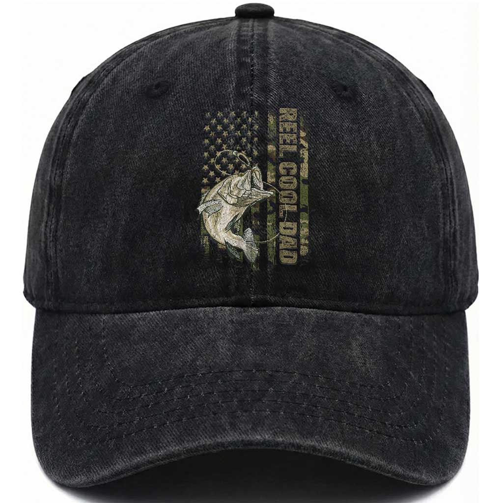 Funny Fishing Vintage Reel Cool Dad Washed Cotton Baseball Cap Camo American Flag USA Bass Fish Fisherman