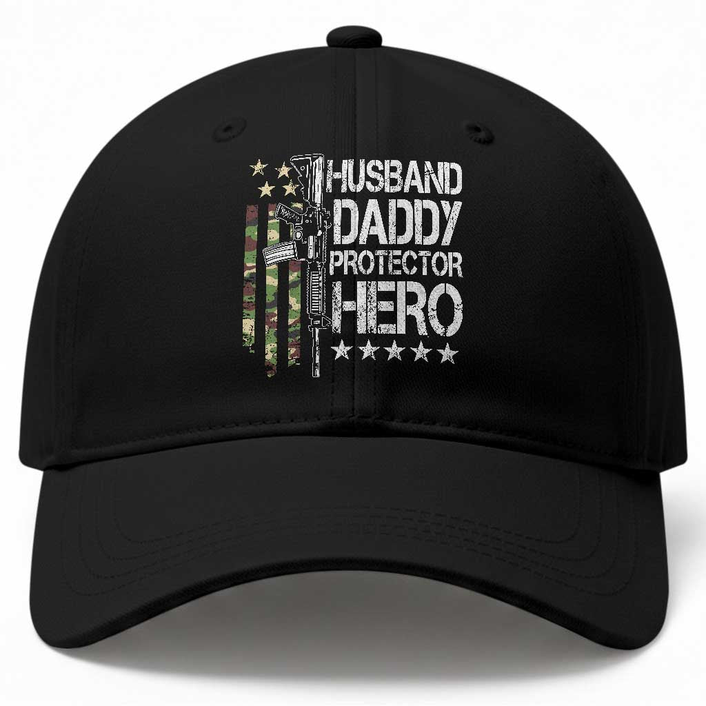 Husband Daddy Protector Hero Baseball Cap Dad Guns Fathers Day Camo American Flag