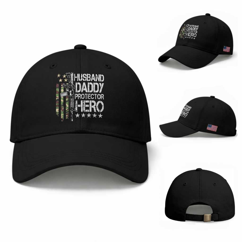 Husband Daddy Protector Hero Baseball Cap Dad Guns Fathers Day Camo American Flag