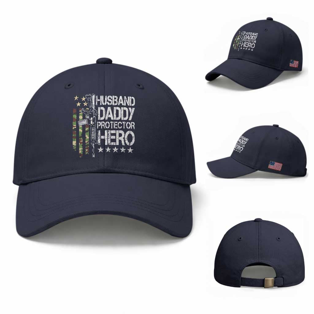 Husband Daddy Protector Hero Baseball Cap Dad Guns Fathers Day Camo American Flag