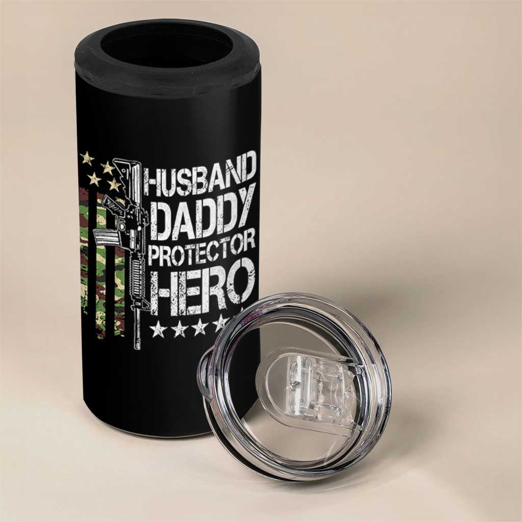 Husband Daddy Protector Hero 4 in 1 Can Cooler Tumbler Dad Guns Fathers Day Camo American Flag