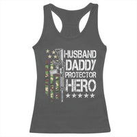 Husband Daddy Protector Hero Racerback Tank Top Dad Guns Fathers Day Camo American Flag