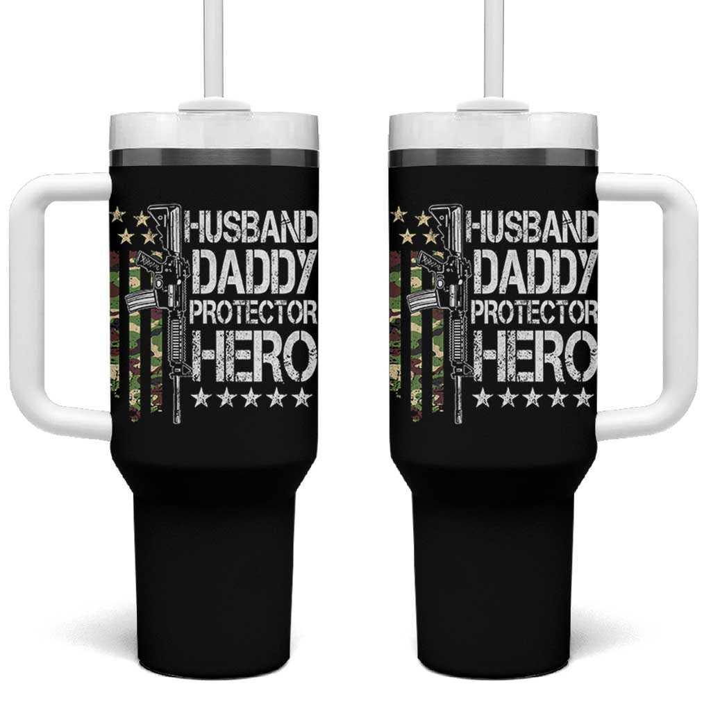 Husband Daddy Protector Hero Tumbler With Handle Dad Guns Fathers Day Camo American Flag