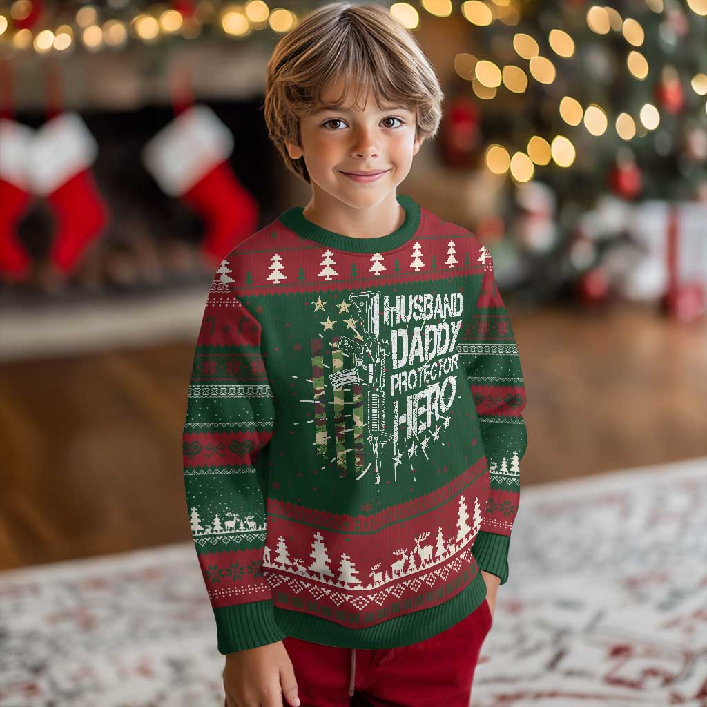 Husband Daddy Protector Hero Knitted Sweatshirt Dad Guns Fathers Day Camo American Flag - Wonder Print Shop