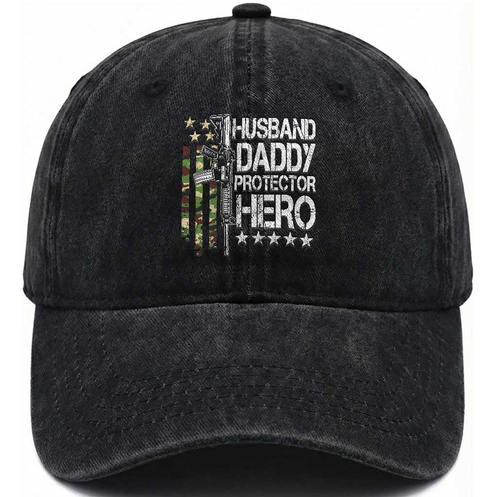 Husband Daddy Protector Hero Washed Cotton Baseball Cap Dad Guns Fathers Day Camo American Flag