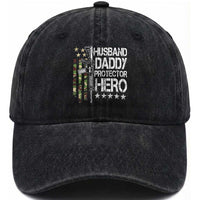 Husband Daddy Protector Hero Washed Cotton Baseball Cap Dad Guns Fathers Day Camo American Flag