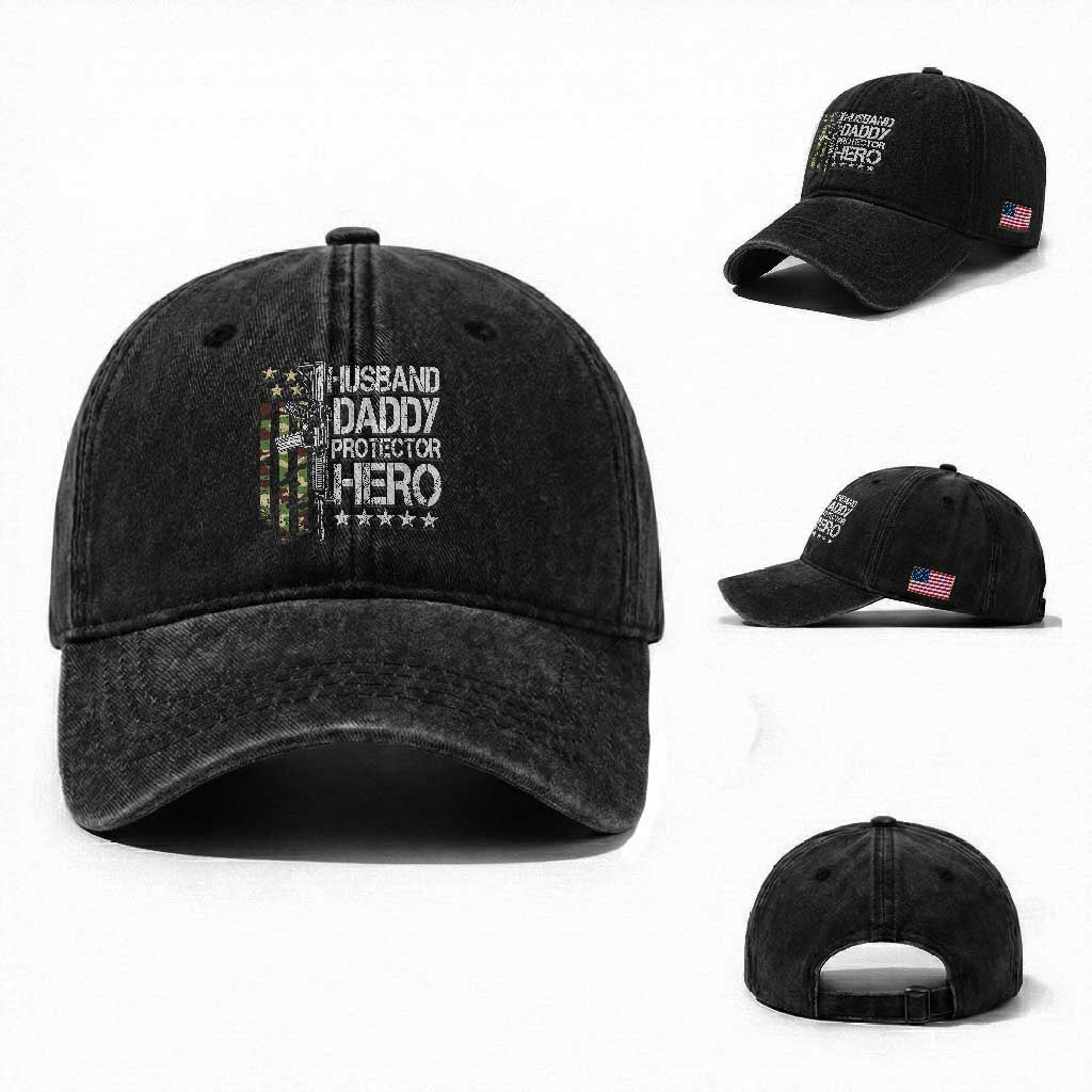 Husband Daddy Protector Hero Washed Cotton Baseball Cap Dad Guns Fathers Day Camo American Flag