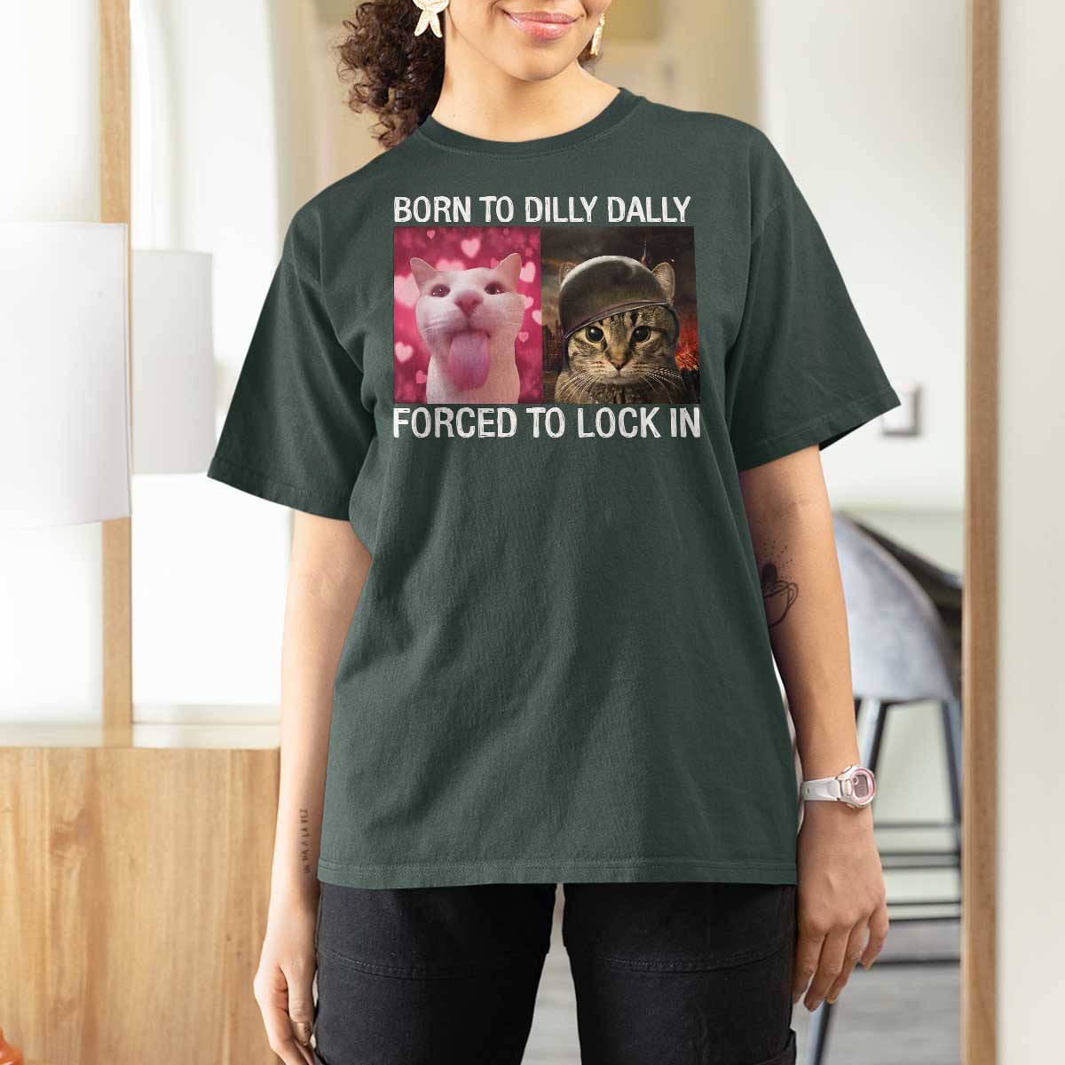 Meme Cat T Shirt For Women Born To Dilly Dally Forced To Lock In Funny Saying Cats - Wonder Print Shop