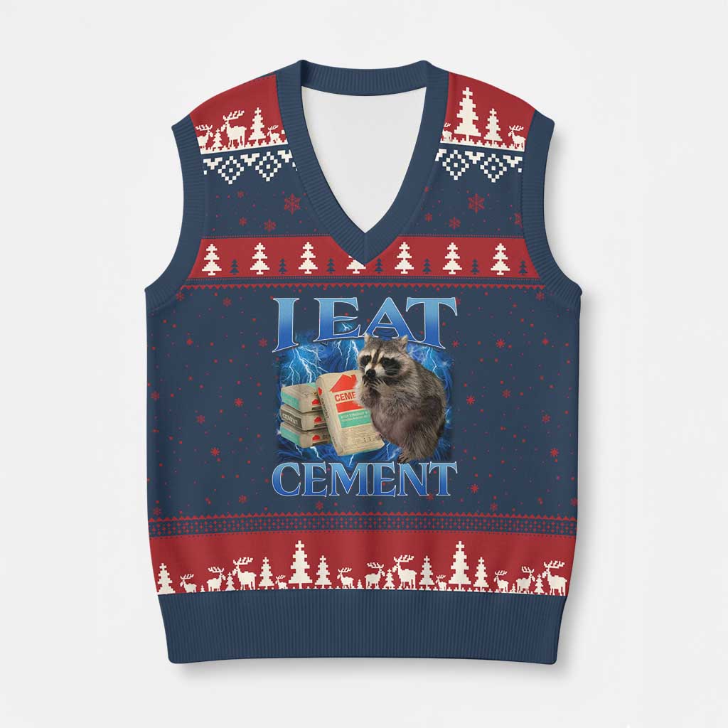 I Eat Cement V-Neck Knit Sweater Vest Cursed Raccoon Funny Oddly Dank Meme Gen Z - Wonder Print Shop