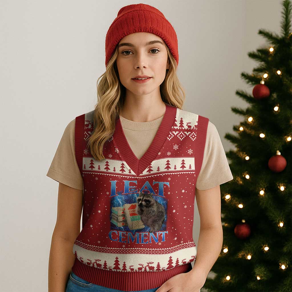 I Eat Cement V-Neck Knit Sweater Vest Cursed Raccoon Funny Oddly Dank Meme Gen Z - Wonder Print Shop