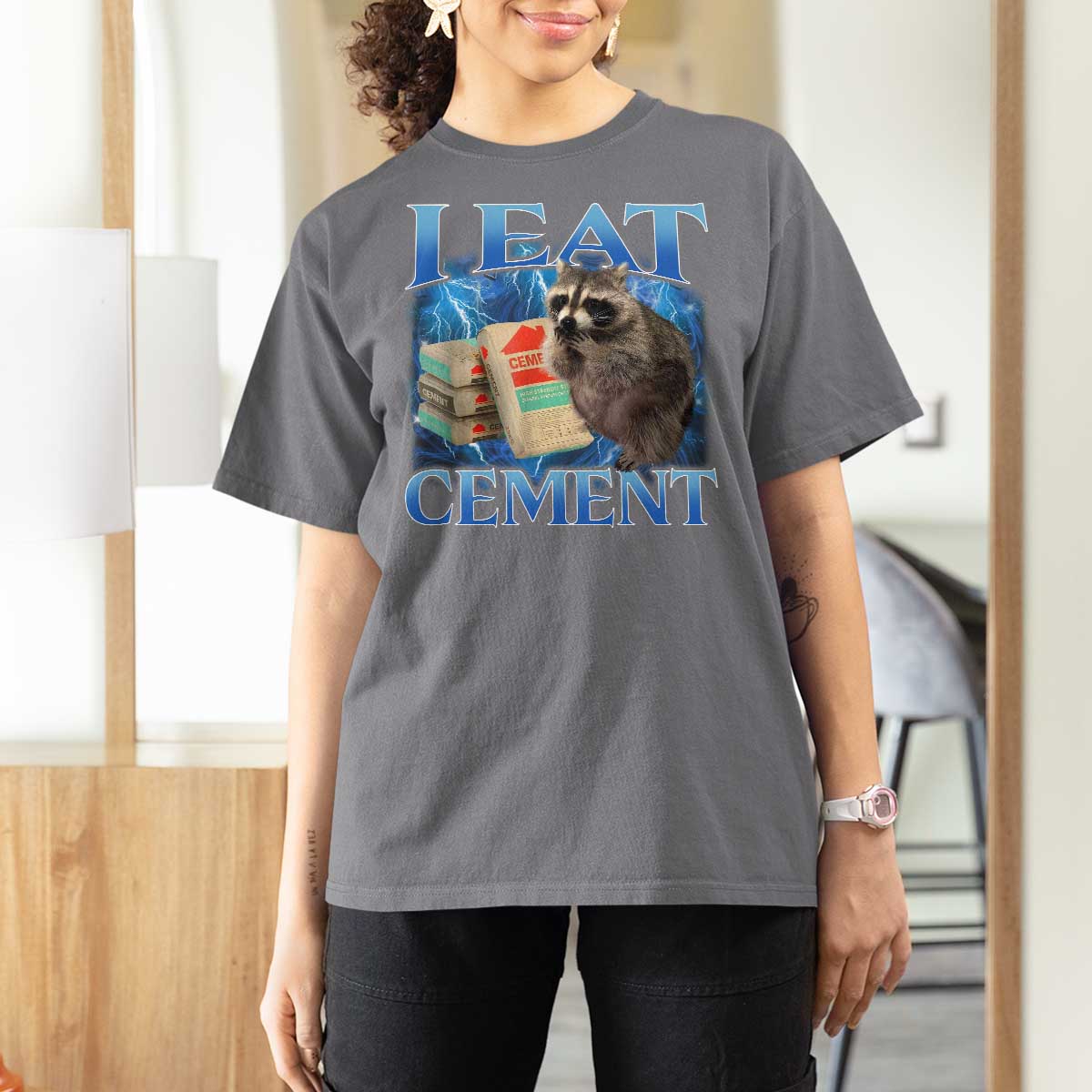 I Eat Cement T Shirt For Women Cursed Raccoon Funny Oddly Dank Meme Gen Z - Wonder Print Shop