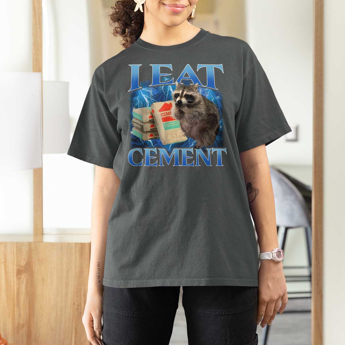 I Eat Cement T Shirt For Women Cursed Raccoon Funny Oddly Dank Meme Gen Z - Wonder Print Shop