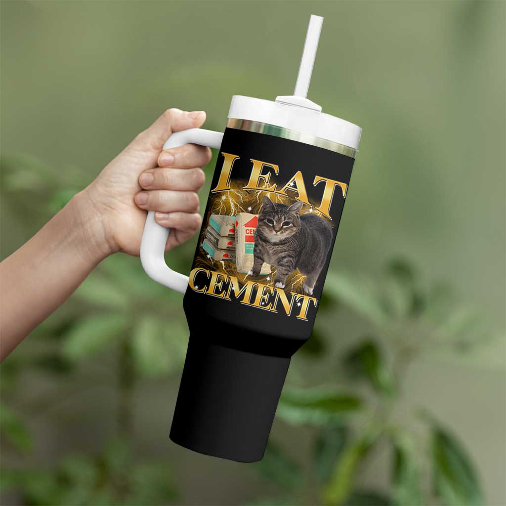 I Eat Cement Cat Meme Tumbler With Handle Funny Internet Memes Bootleg Cursed Cat Lovers - Wonder Print Shop