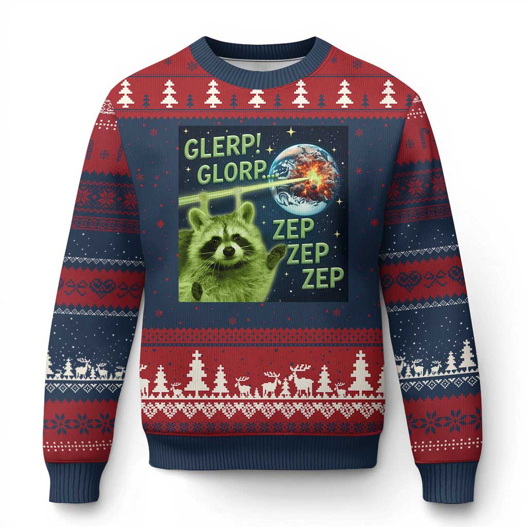 Funny Alien Raccoon Meme Ugly Christmas Sweater Glerp Glorp Brainrot Stupid Gift - Wonder Print Shop