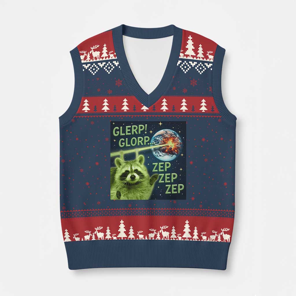 Funny Alien Raccoon Meme V-Neck Knit Sweater Vest Glerp Glorp Brainrot Stupid Gift - Wonder Print Shop