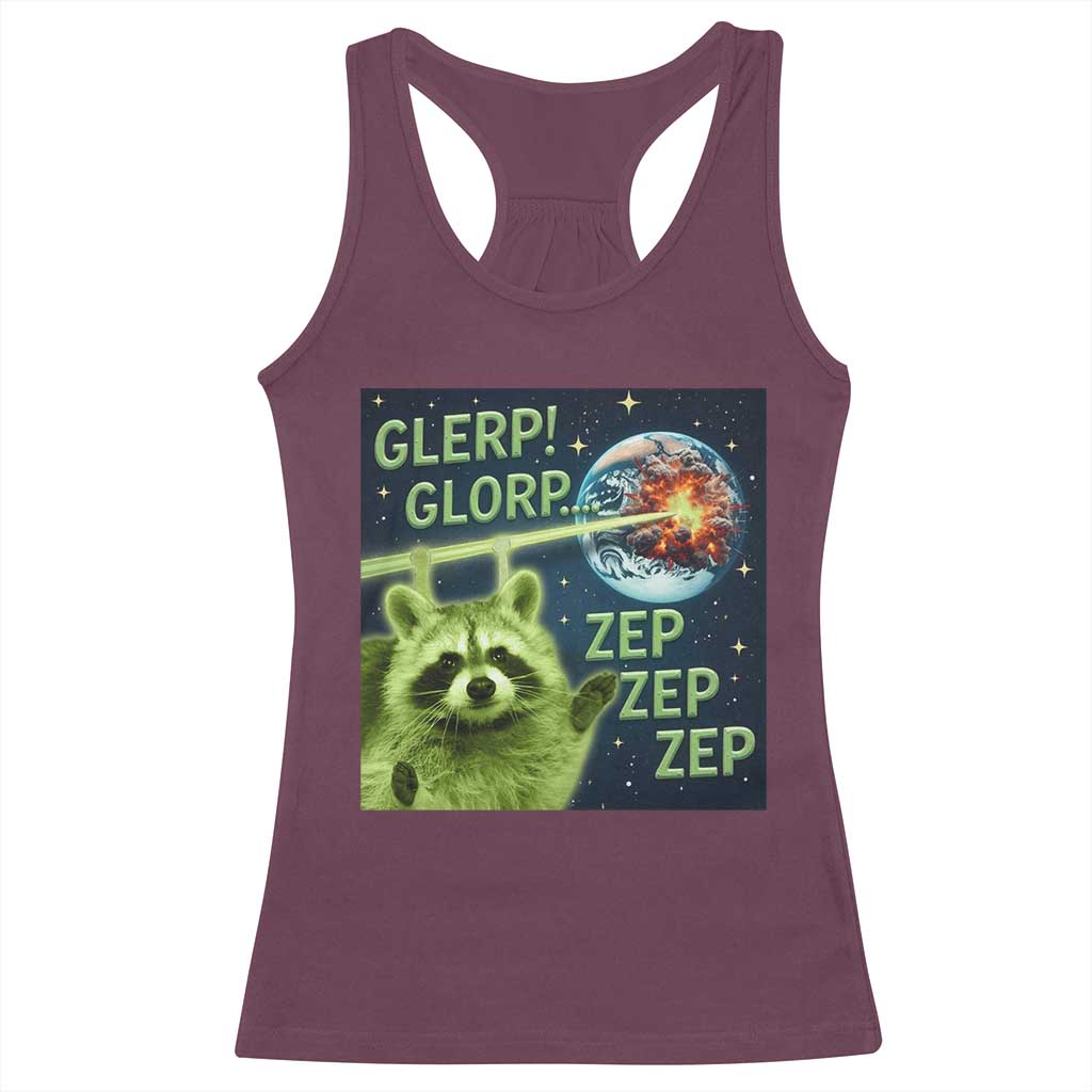 Funny Alien Raccoon Meme Racerback Tank Top Glerp Glorp Brainrot Stupid Gift - Wonder Print Shop