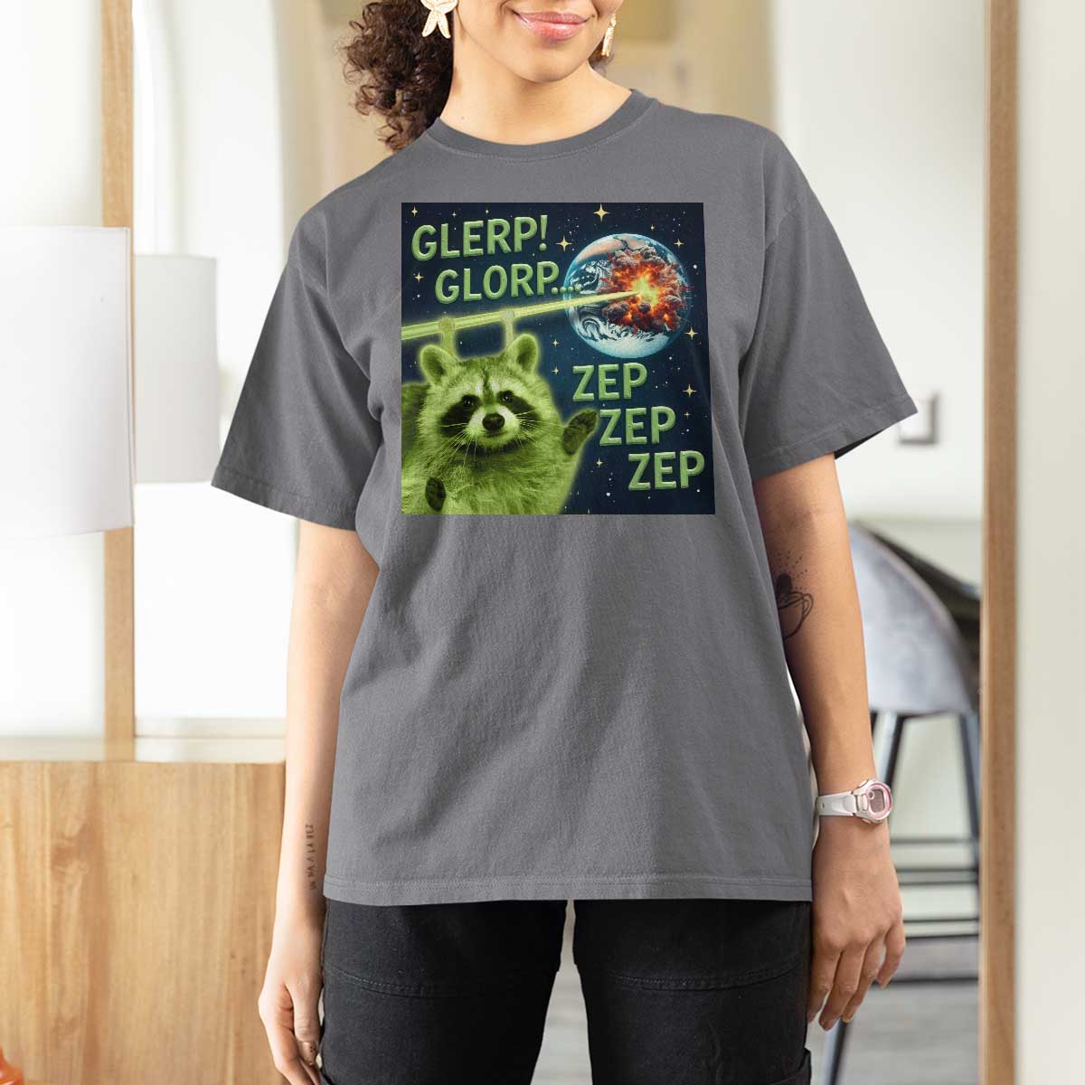 Funny Alien Raccoon Meme T Shirt For Women Glerp Glorp Brainrot Stupid Gift - Wonder Print Shop