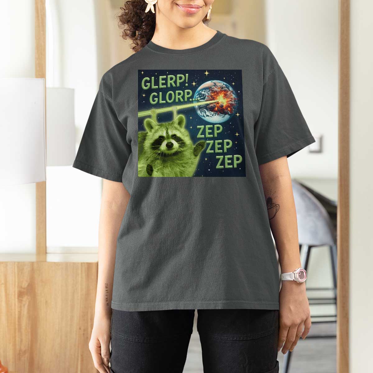 Funny Alien Raccoon Meme T Shirt For Women Glerp Glorp Brainrot Stupid Gift - Wonder Print Shop