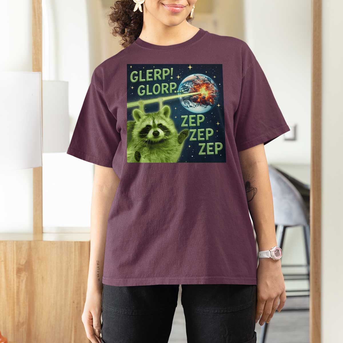 Funny Alien Raccoon Meme T Shirt For Women Glerp Glorp Brainrot Stupid Gift - Wonder Print Shop