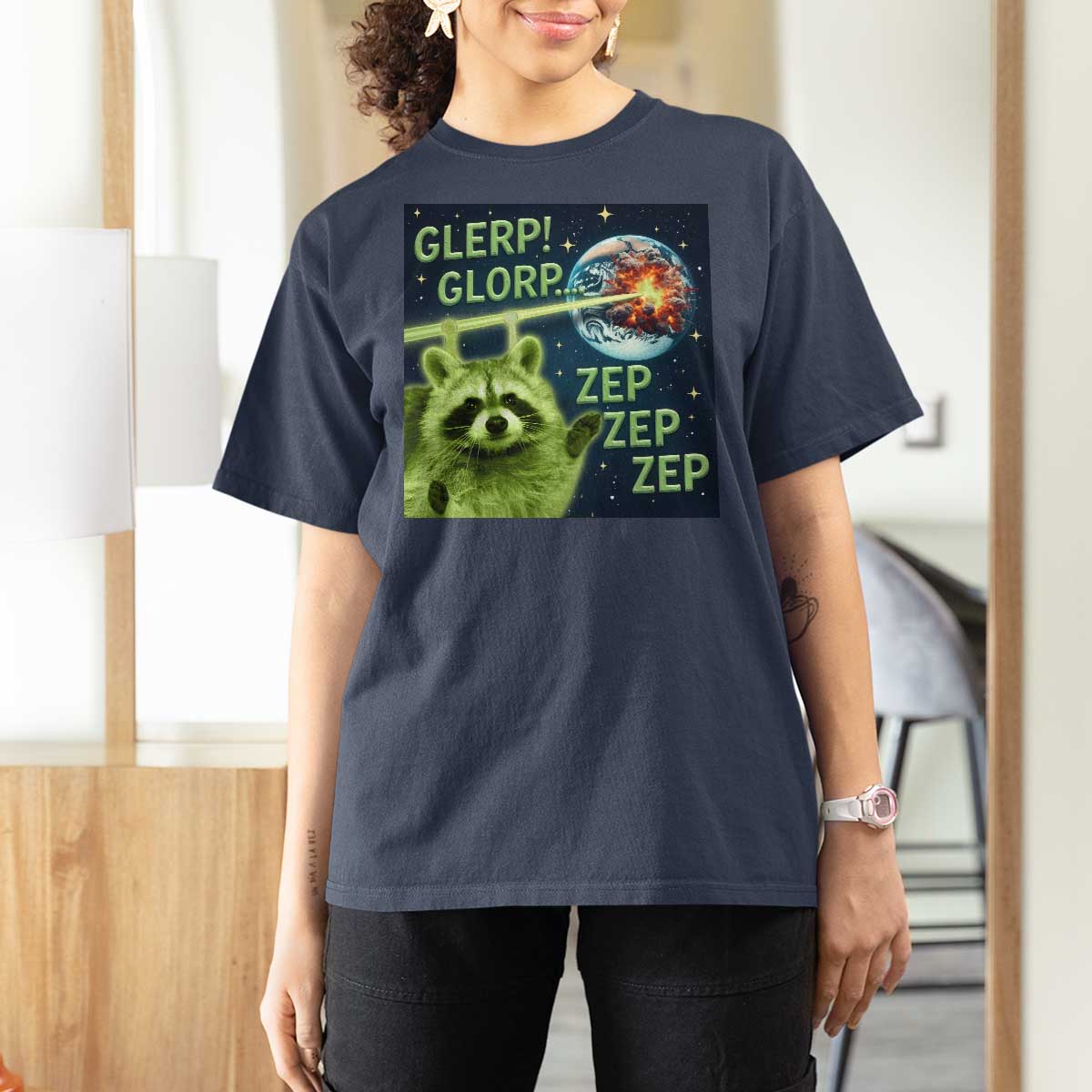 Funny Alien Raccoon Meme T Shirt For Women Glerp Glorp Brainrot Stupid Gift - Wonder Print Shop
