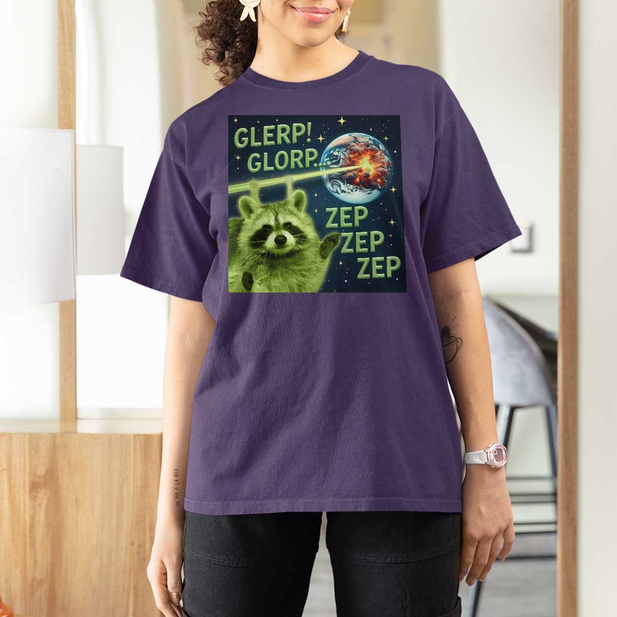 Funny Alien Raccoon Meme T Shirt For Women Glerp Glorp Brainrot Stupid Gift - Wonder Print Shop