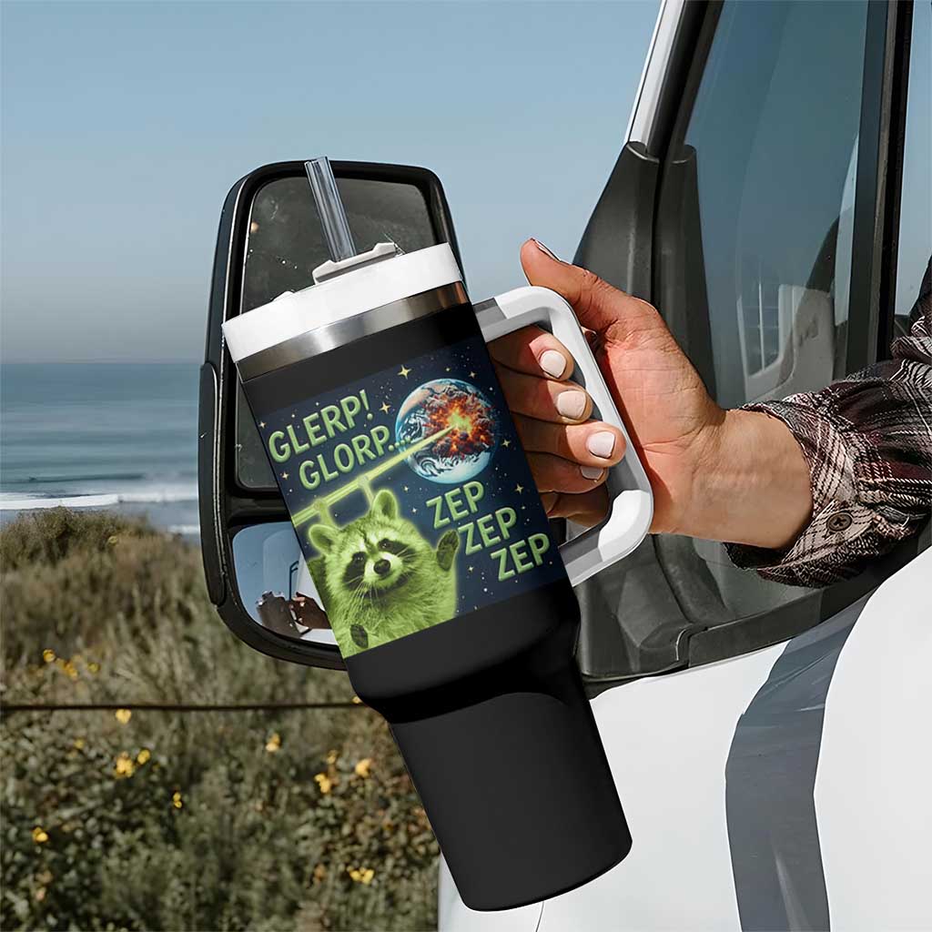 Funny Alien Raccoon Meme Tumbler With Handle Glerp Glorp Brainrot Stupid Gift - Wonder Print Shop