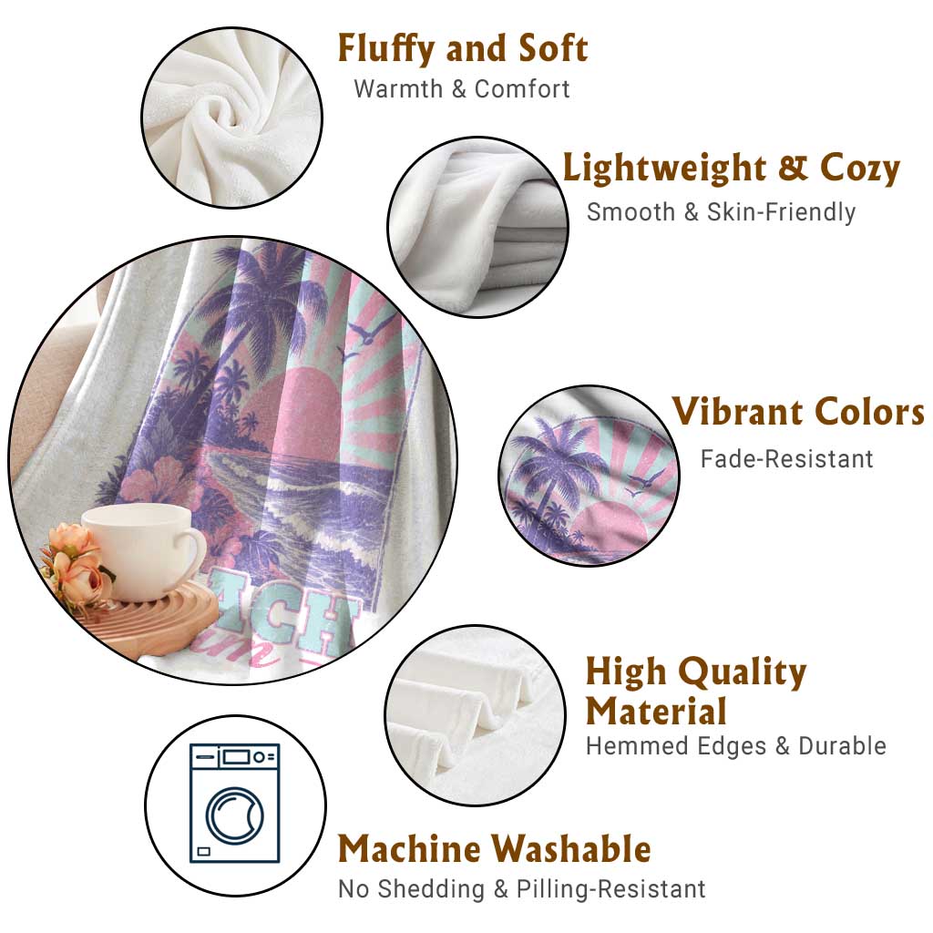 Beach Bum Throw Blanket Summer Vacation Beach Lover Surf Wave Vintage Tropical Sunset Aesthetic