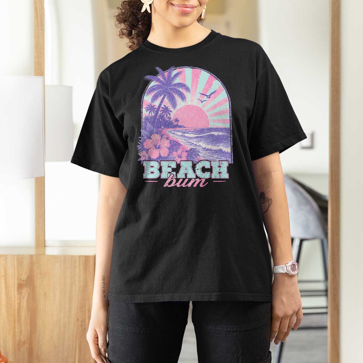 Beach Bum T Shirt For Women Summer Vacation Beach Lover Surf Wave Vintage Tropical Sunset Aesthetic