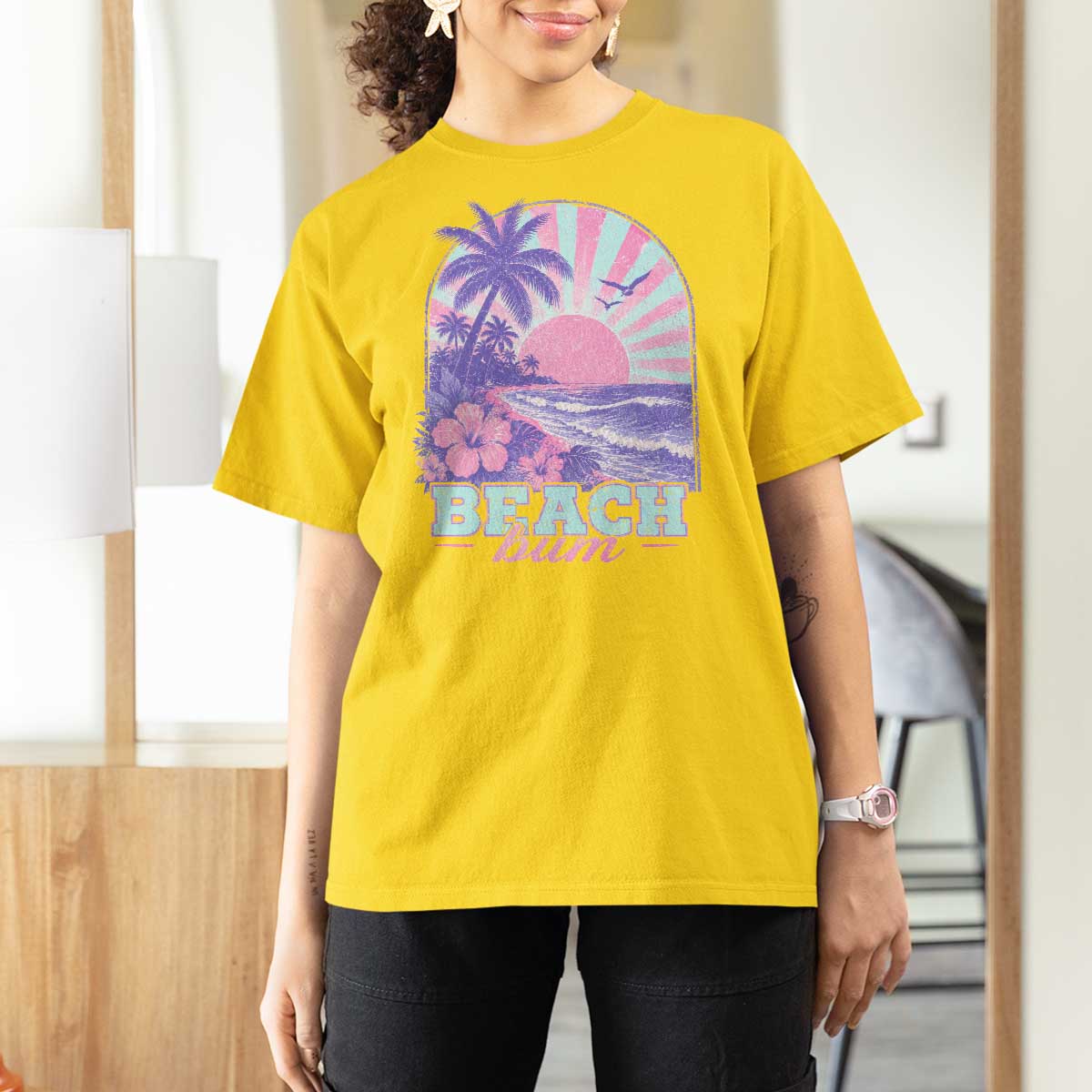 Beach Bum T Shirt For Women Summer Vacation Beach Lover Surf Wave Vintage Tropical Sunset Aesthetic