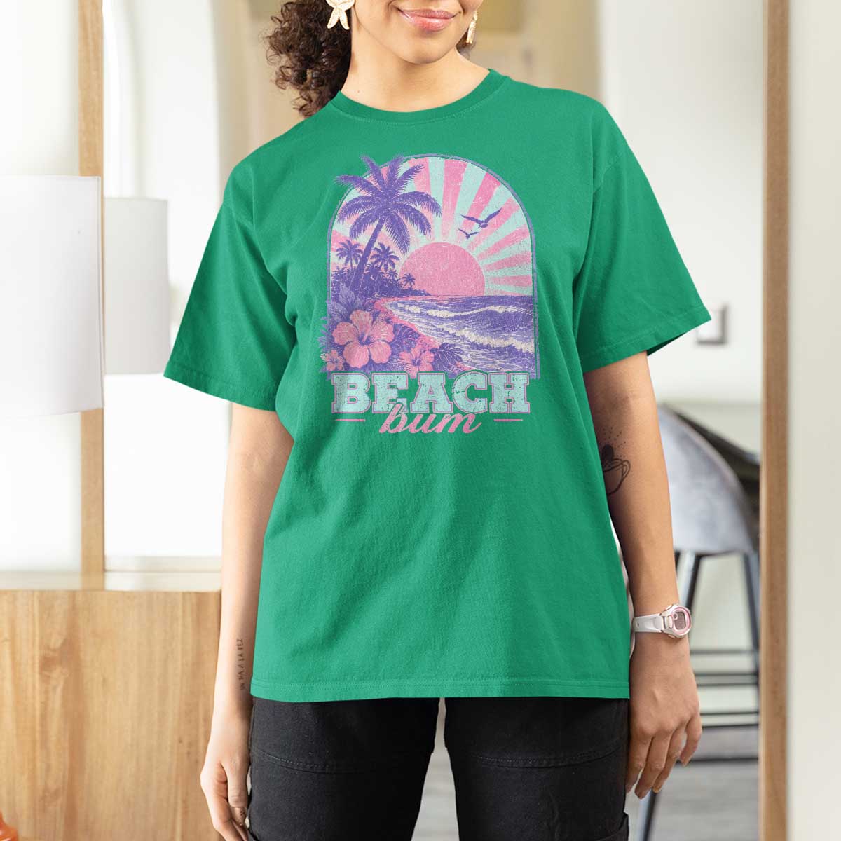 Beach Bum T Shirt For Women Summer Vacation Beach Lover Surf Wave Vintage Tropical Sunset Aesthetic