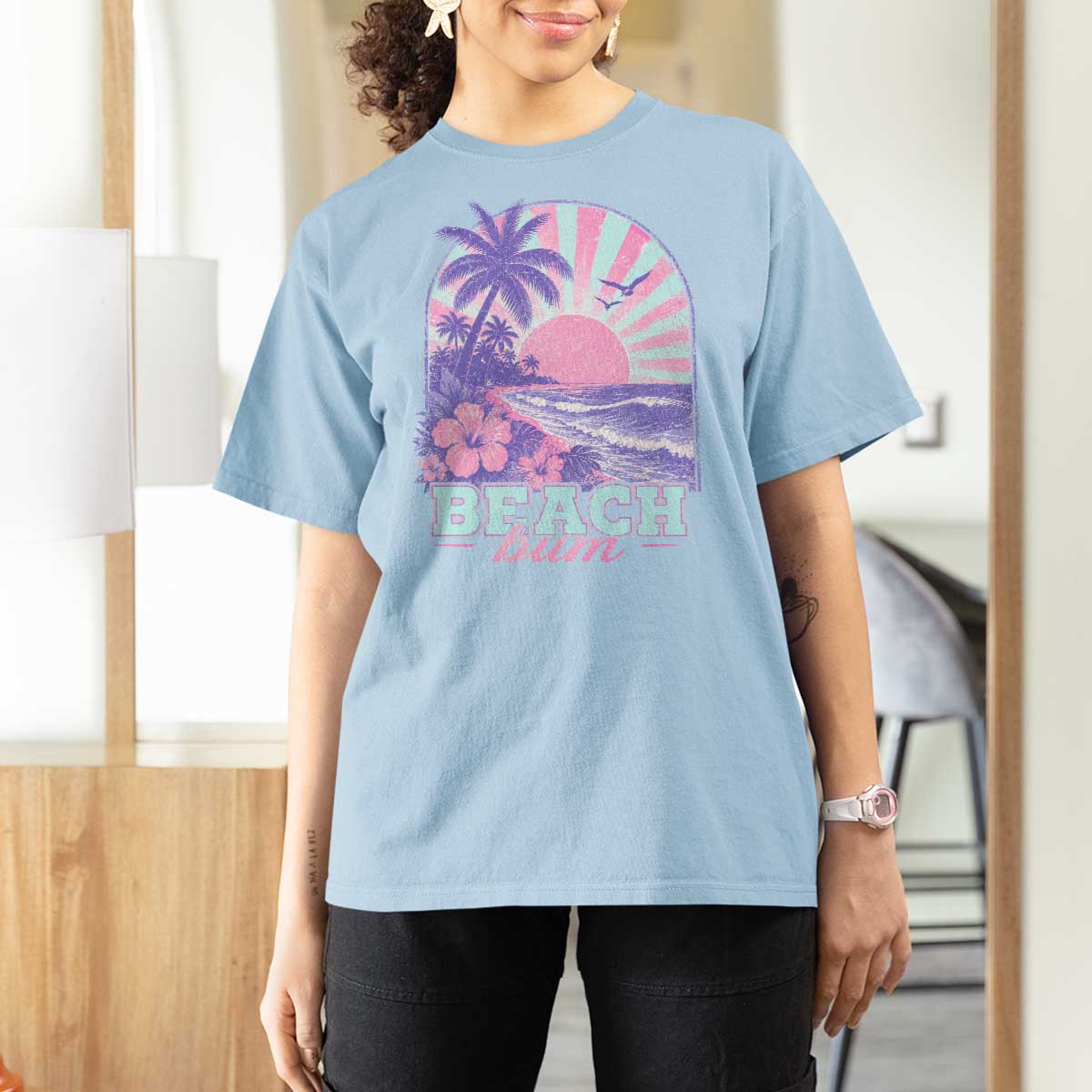 Beach Bum T Shirt For Women Summer Vacation Beach Lover Surf Wave Vintage Tropical Sunset Aesthetic