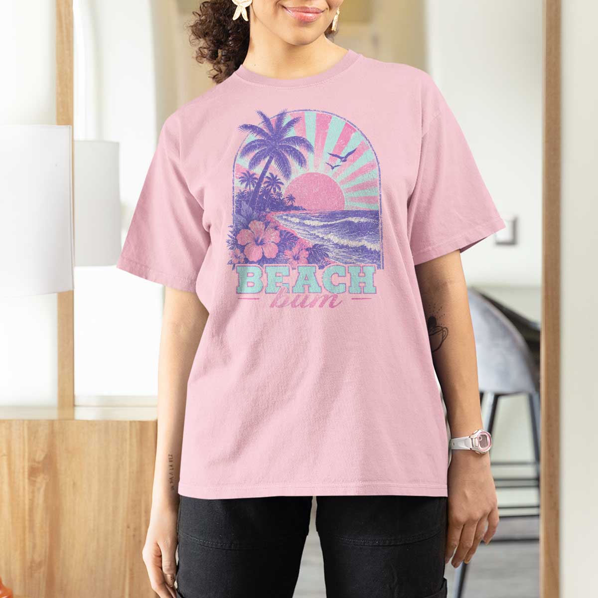 Beach Bum T Shirt For Women Summer Vacation Beach Lover Surf Wave Vintage Tropical Sunset Aesthetic