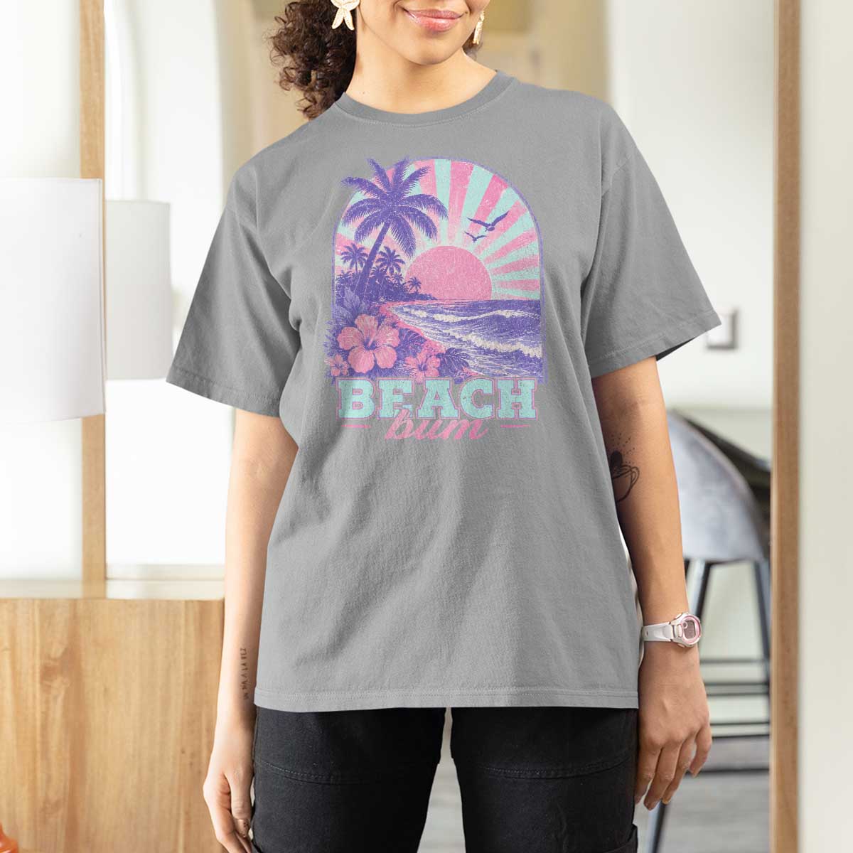 Beach Bum T Shirt For Women Summer Vacation Beach Lover Surf Wave Vintage Tropical Sunset Aesthetic
