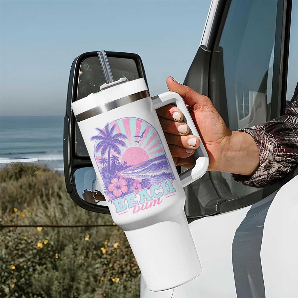 Beach Bum Tumbler With Handle Summer Vacation Beach Lover Surf Wave Vintage Tropical Sunset Aesthetic