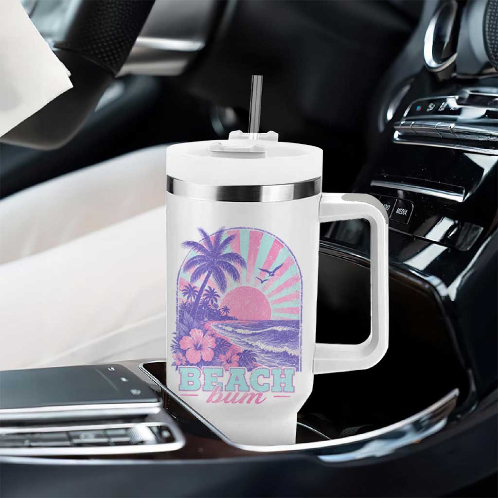 Beach Bum Tumbler With Handle Summer Vacation Beach Lover Surf Wave Vintage Tropical Sunset Aesthetic