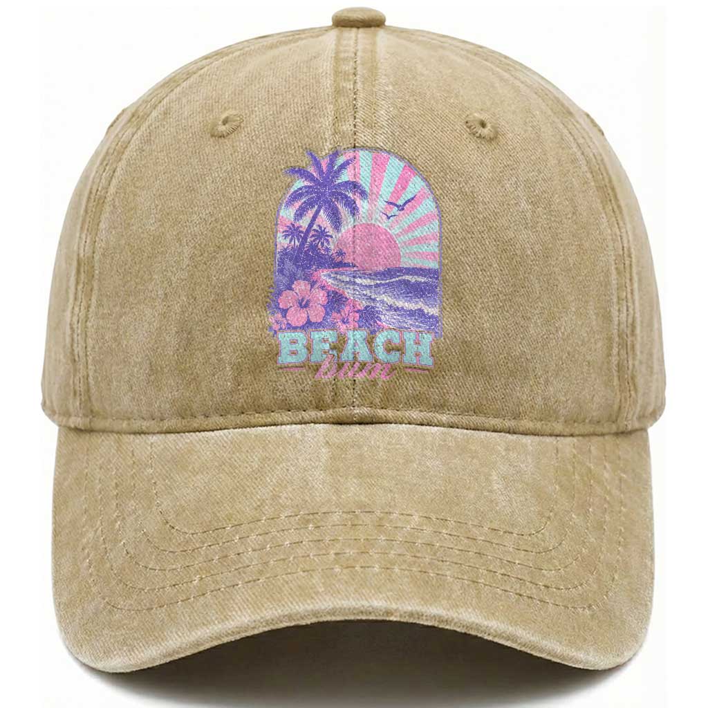 Beach Bum Washed Cotton Baseball Cap Summer Vacation Beach Lover Surf Wave Vintage Tropical Sunset Aesthetic
