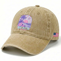 Beach Bum Washed Cotton Baseball Cap Summer Vacation Beach Lover Surf Wave Vintage Tropical Sunset Aesthetic