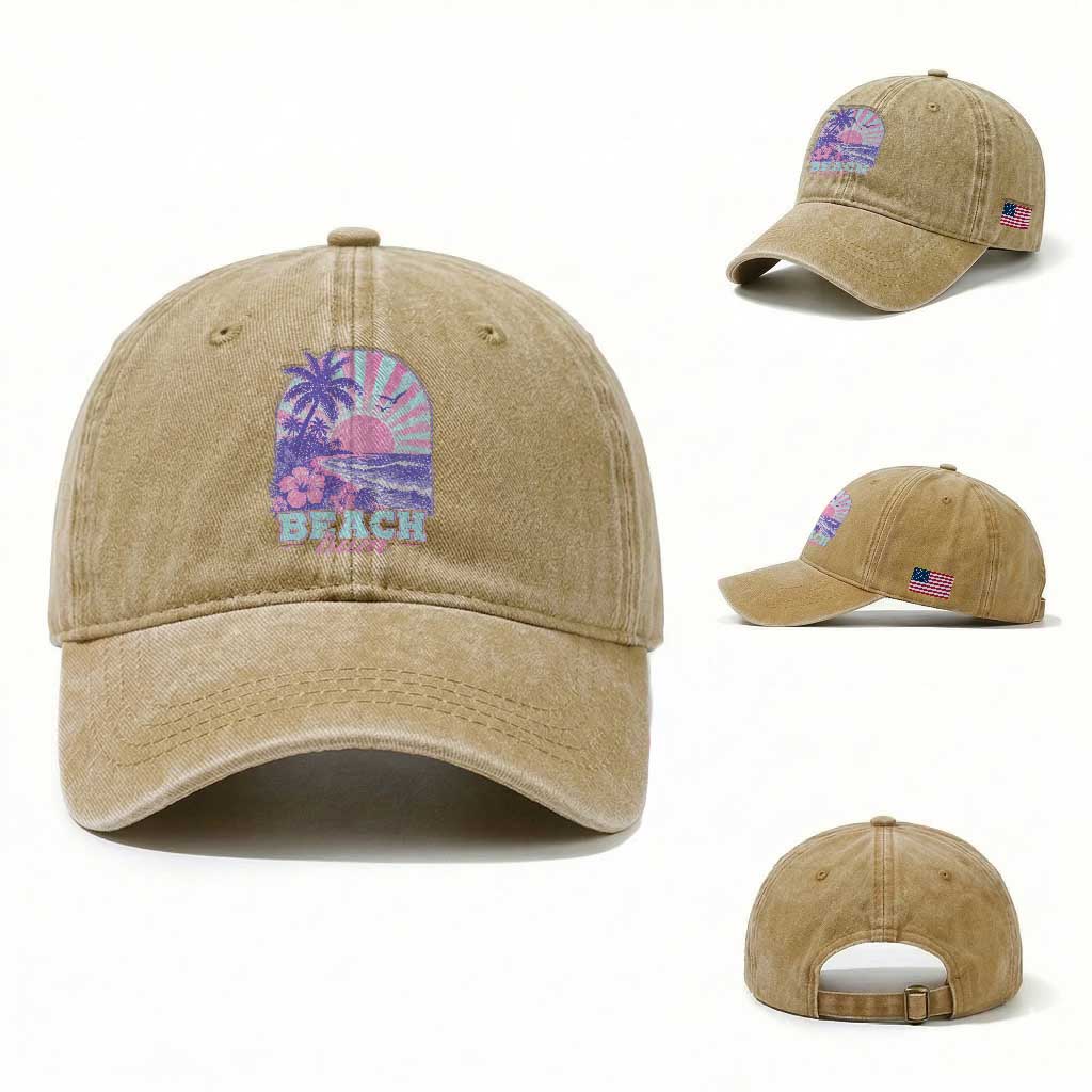 Beach Bum Washed Cotton Baseball Cap Summer Vacation Beach Lover Surf Wave Vintage Tropical Sunset Aesthetic