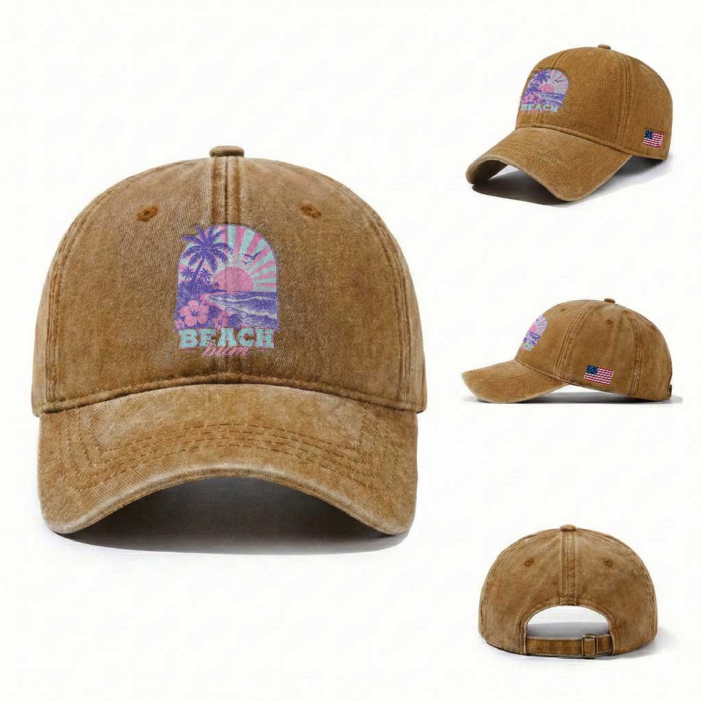 Beach Bum Washed Cotton Baseball Cap Summer Vacation Beach Lover Surf Wave Vintage Tropical Sunset Aesthetic