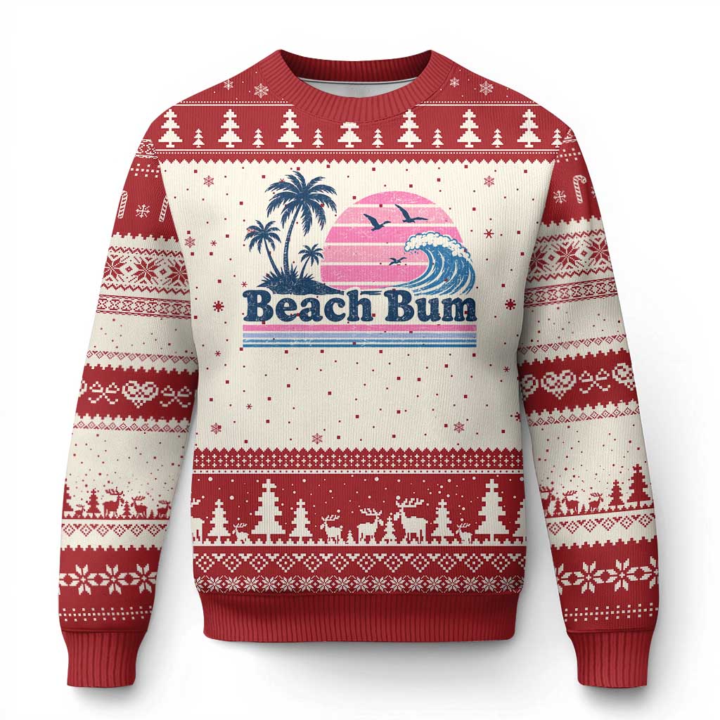 Beach Bum Ugly Christmas Sweater Retro Summer Vacation Surf Wave Tropical Sunset Aesthetic