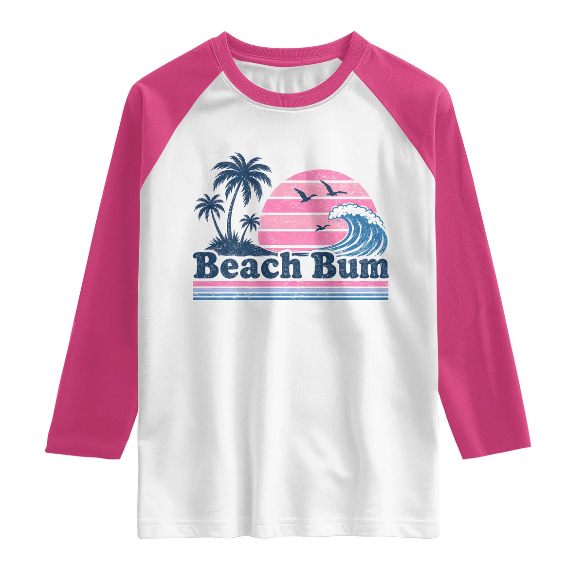 Beach Bum Raglan Shirt Retro Summer Vacation Surf Wave Tropical Sunset Aesthetic
