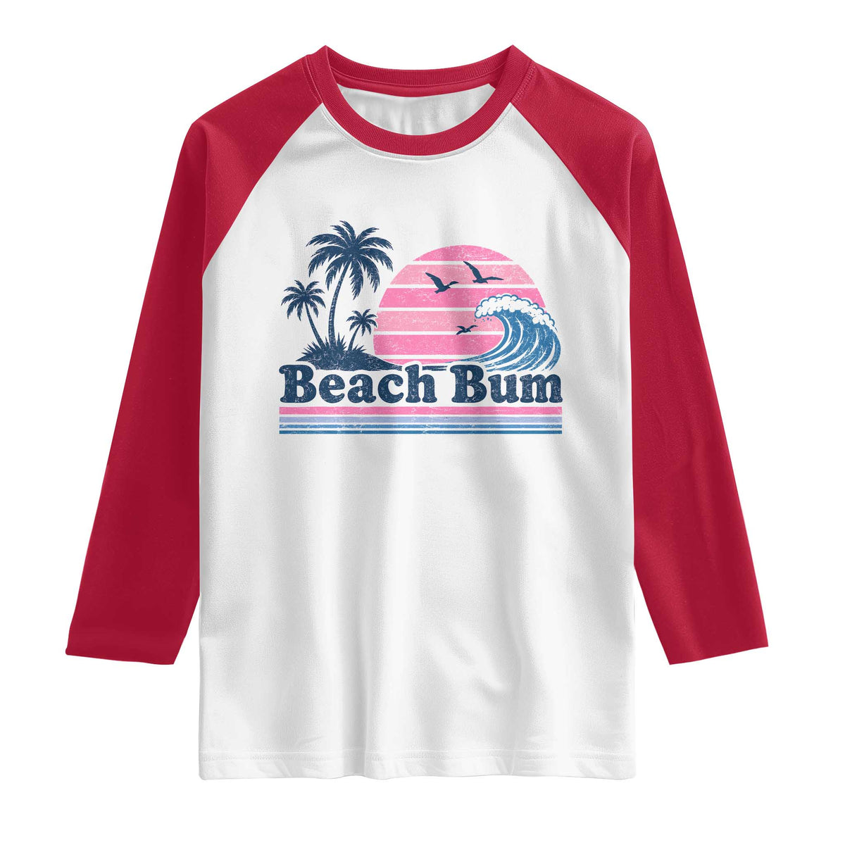 Beach Bum Raglan Shirt Retro Summer Vacation Surf Wave Tropical Sunset Aesthetic