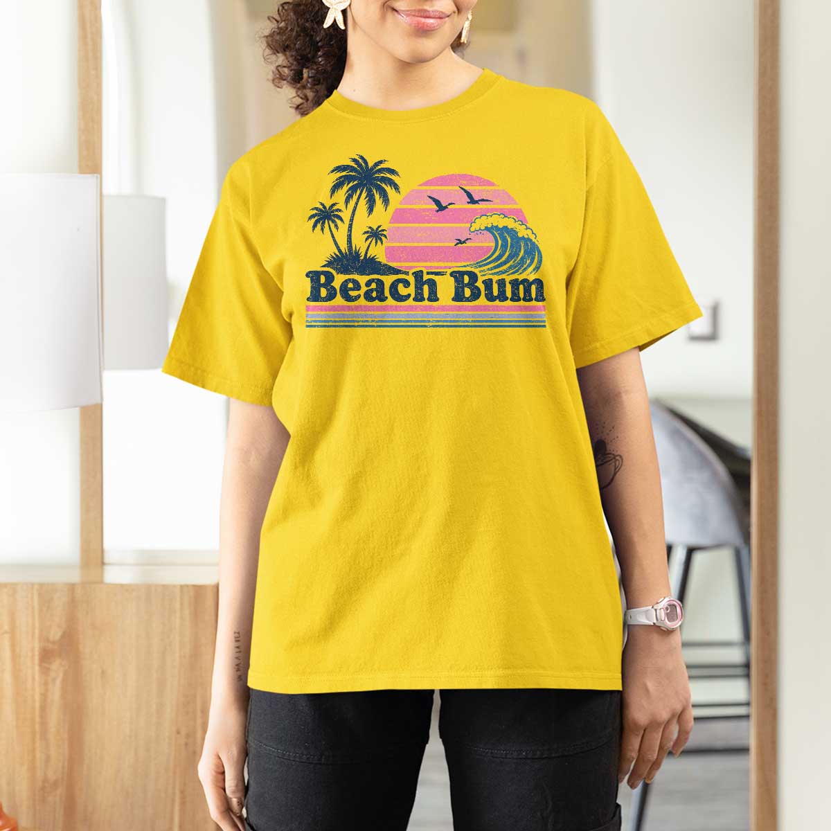 Beach Bum T Shirt For Women Retro Summer Vacation Surf Wave Tropical Sunset Aesthetic