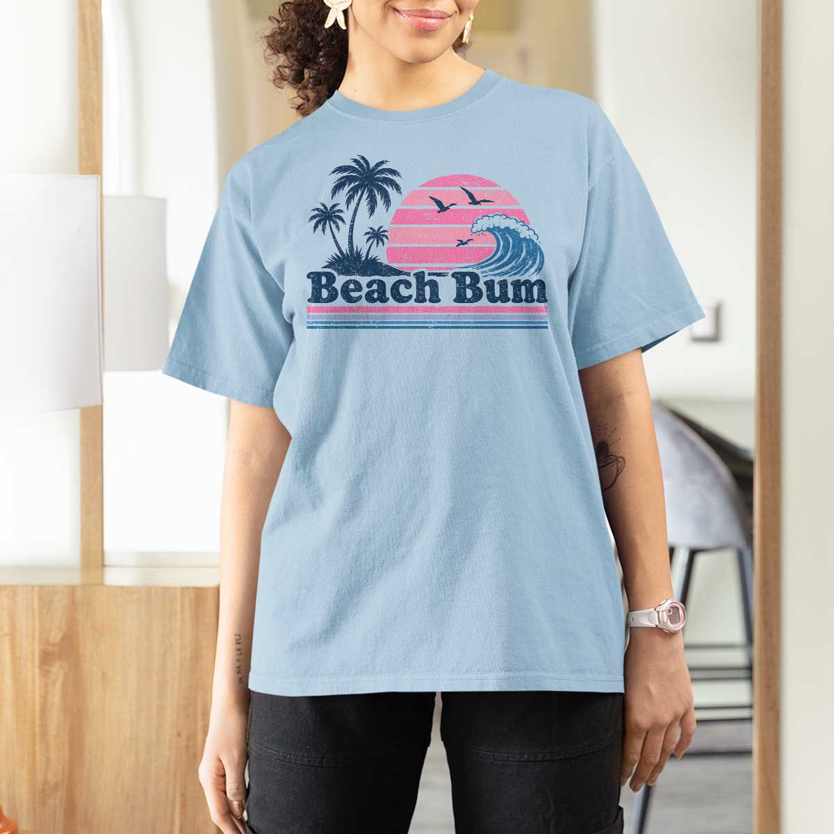 Beach Bum T Shirt For Women Retro Summer Vacation Surf Wave Tropical Sunset Aesthetic