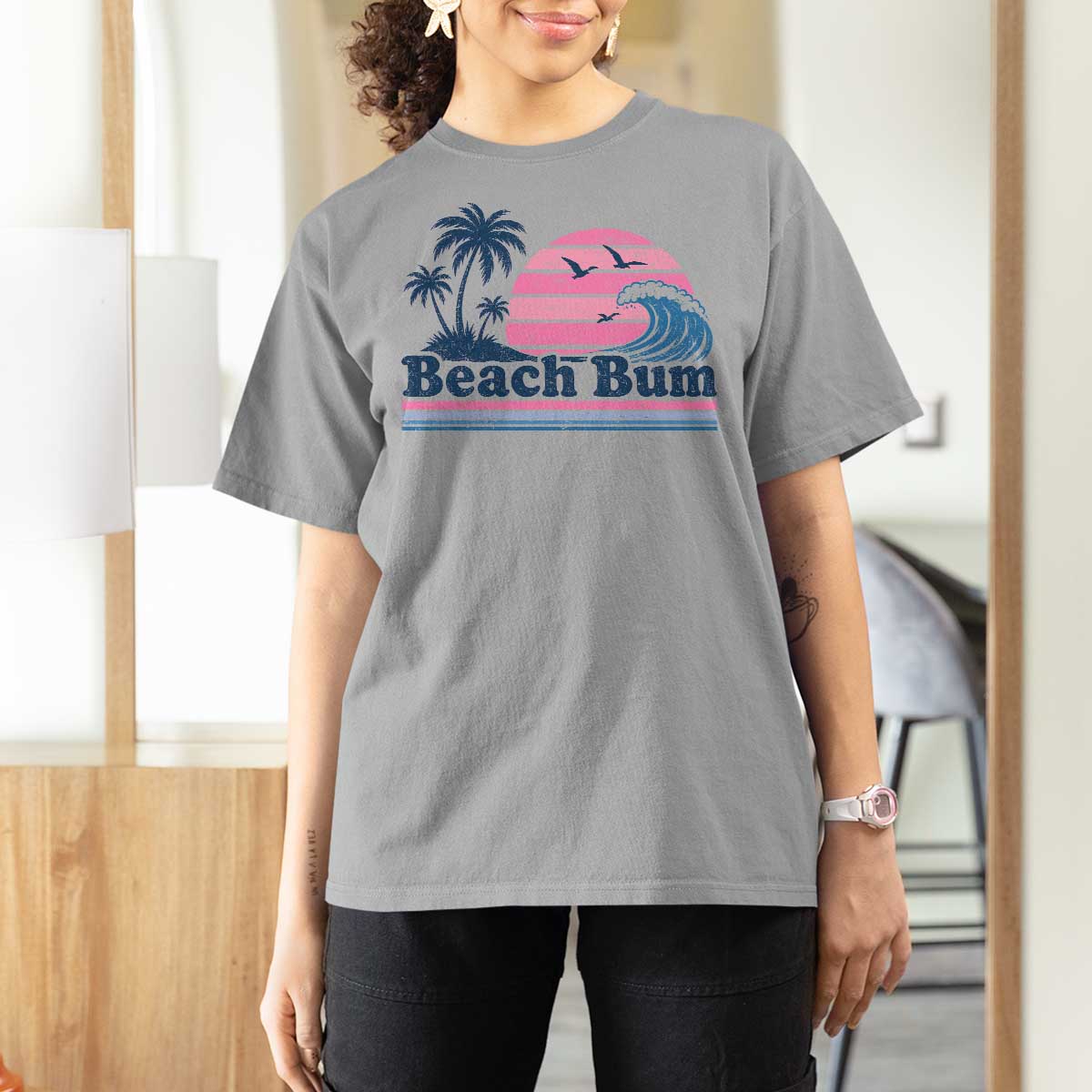 Beach Bum T Shirt For Women Retro Summer Vacation Surf Wave Tropical Sunset Aesthetic