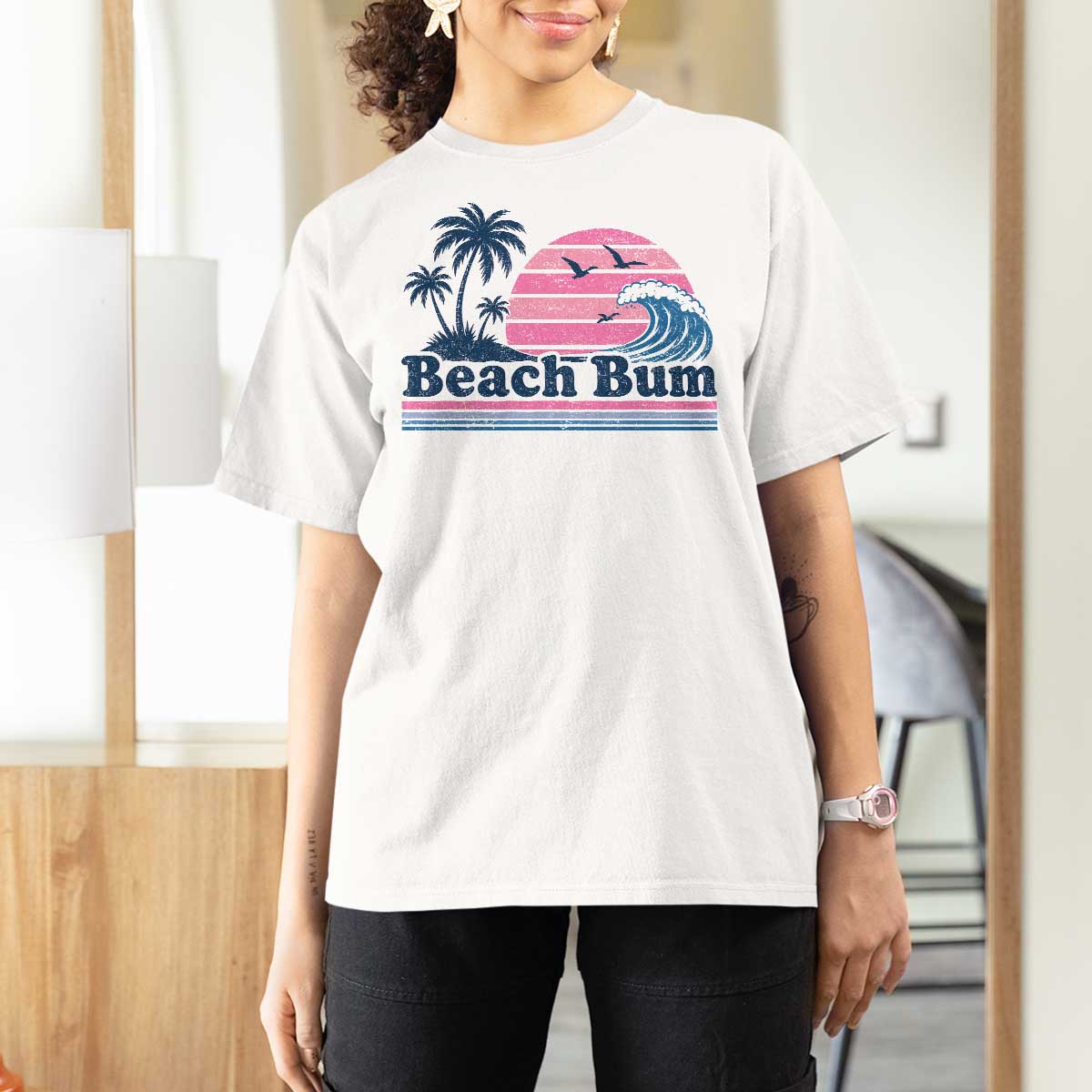 Beach Bum T Shirt For Women Retro Summer Vacation Surf Wave Tropical Sunset Aesthetic