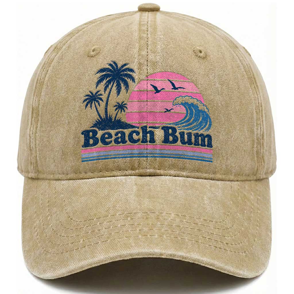 Beach Bum Washed Cotton Baseball Cap Retro Summer Vacation Surf Wave Tropical Sunset Aesthetic